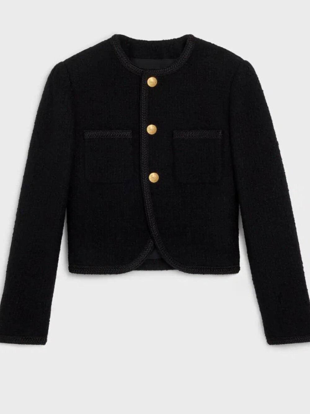 Celine Classic Chasseur Bouclé Tweed Jacket Black Size 38 EU US 6 Gold Buttons